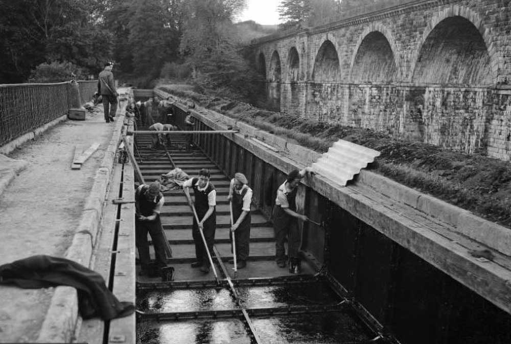 Workmen clearing Chirk Aqueduct 1954